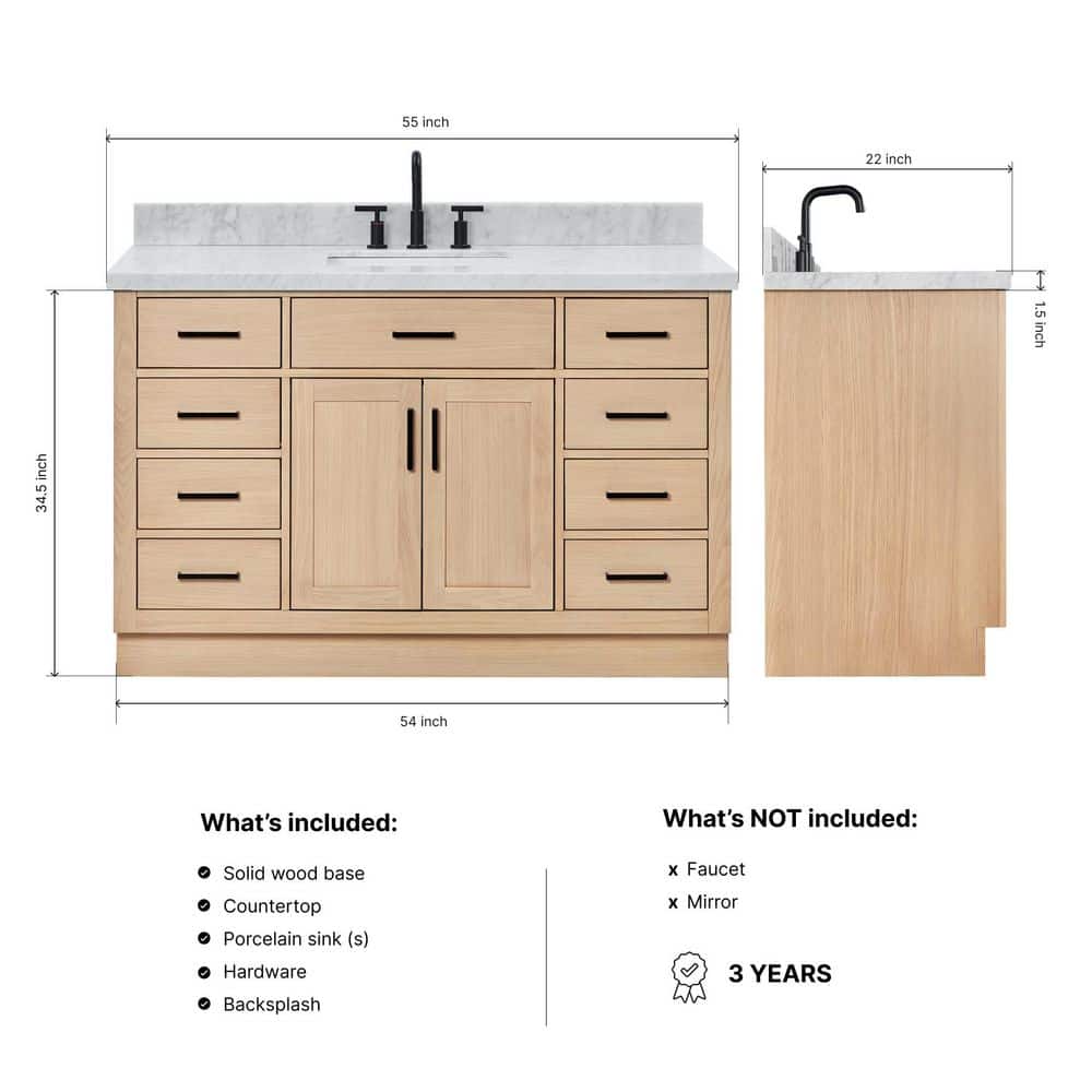 Hepburn 55" Oak Freestanding Vanity with Marble Top