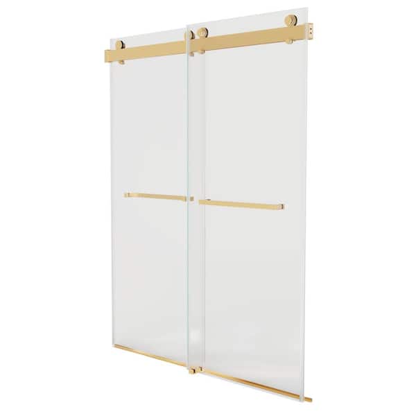 Unbranded 60 in. W x 76 in. H Semi-Frameless Double Sliding Shower Door in Gold with Explosion Proof Film Tempered Glass