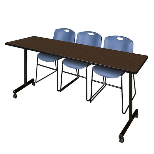Kobe 84 in x 24 in. Neo Walnut Mobile T-Base Training Table Desk, 2 Zeng Stack Chairs-Blue