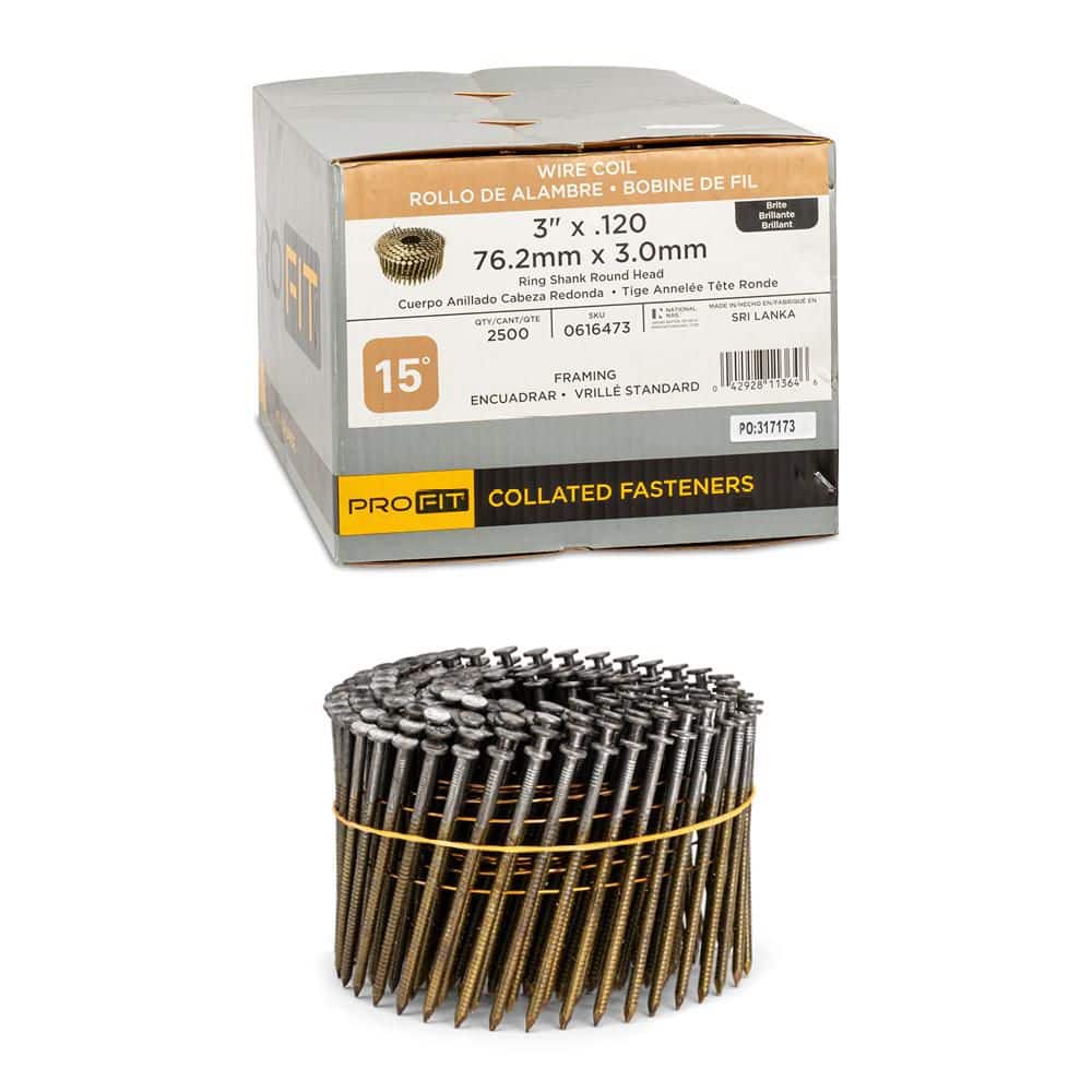 3 in. x 0.120 15-Degree Bright Finish Ring Shank Wire Coil Framing Nails (2500-Per Box) price history on PriceWatchPro
