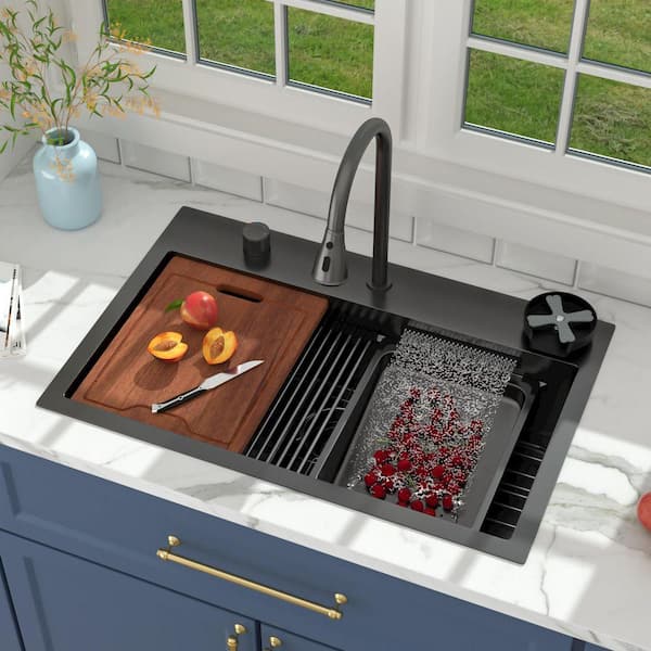 31 in. Gunmetal Black Drop-In Single Bowl 16 Gauge Stainless Steel Workstation Kitchen Sink with Faucet Combo