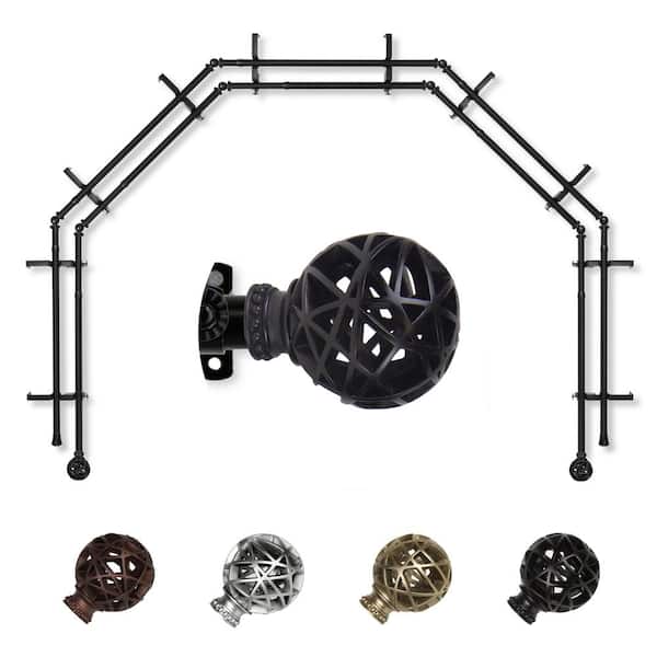 EMOH 13/16" Dia Adjustable 5-Sided Double Bay Window Curtain Rod 28 to 48" (each side) with London Finials in Black