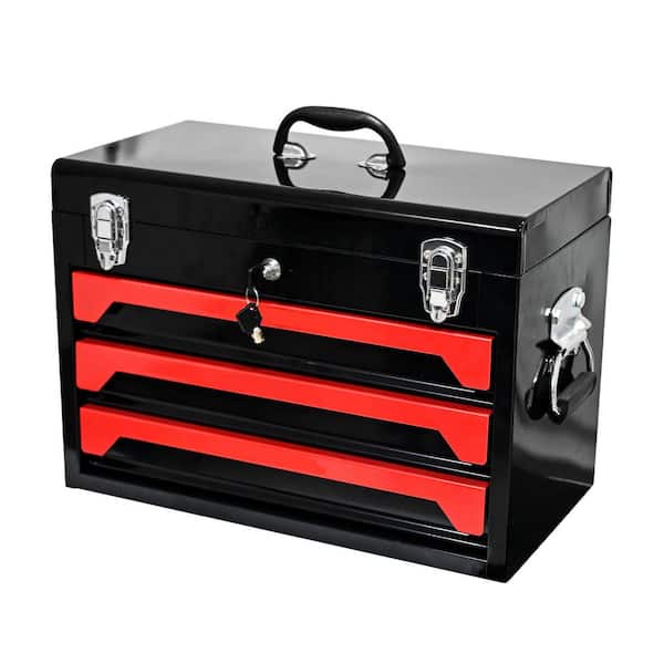 10.63 in. Portable 3 Drawer Steel Tool Chests with Metal Latch Closure, Black and Red