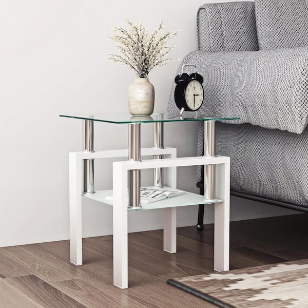 1-Piece Transparent Modern Tempered Glass Tea Table End Table with White Legs for Living Room