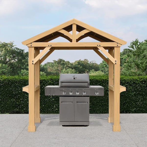 Meridian 8 ft. x 5 ft. Premium Cedar Outdoor Grilling Shade Gazebo with Brown Aluminum Roof and 2 Counter Shelves