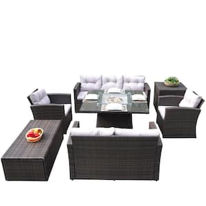 Jessica 7-Piece Wicker Patio Conversation Set Outdoor Square Fire Pit Table with Gray Cushions