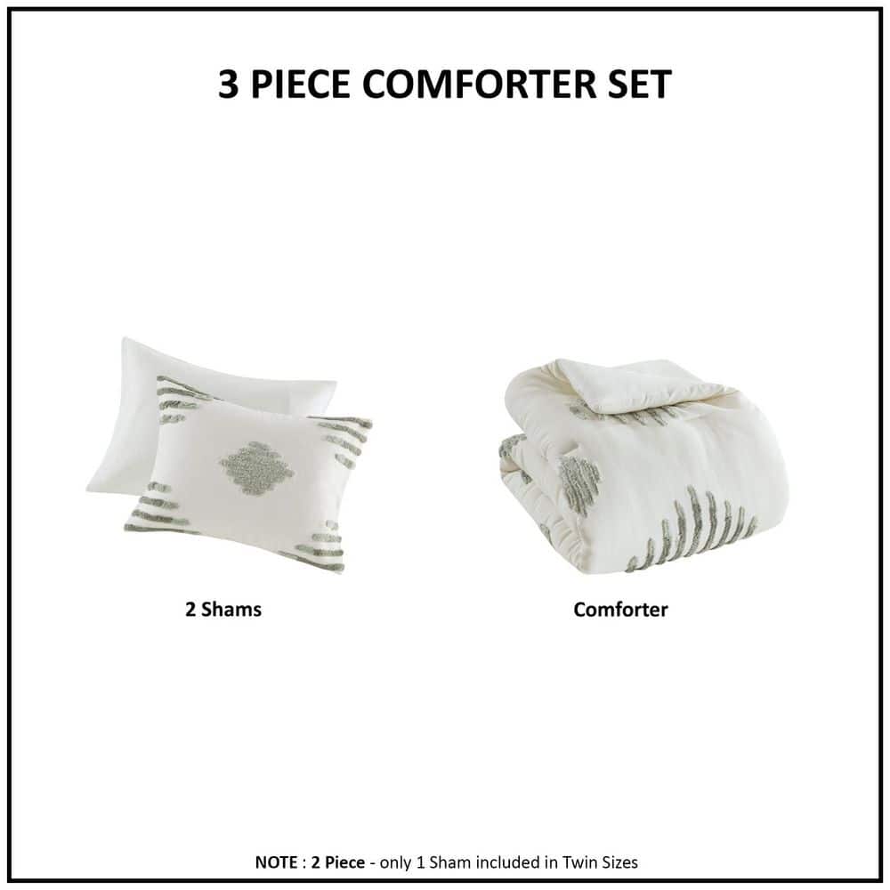 Ivory and Green Cotton Blend Chenille Full Comforter Set