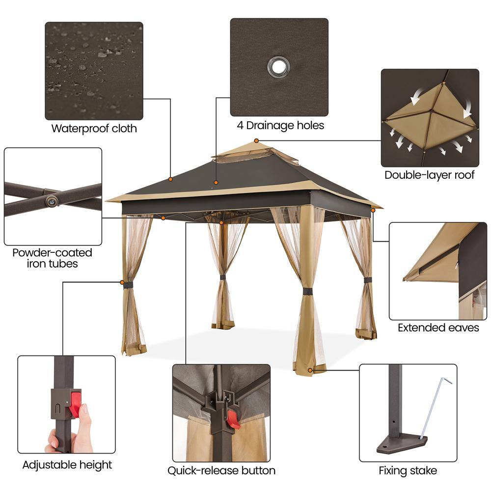 Brown 10x10 Steel Pop-Up Gazebo with Mesh Netting