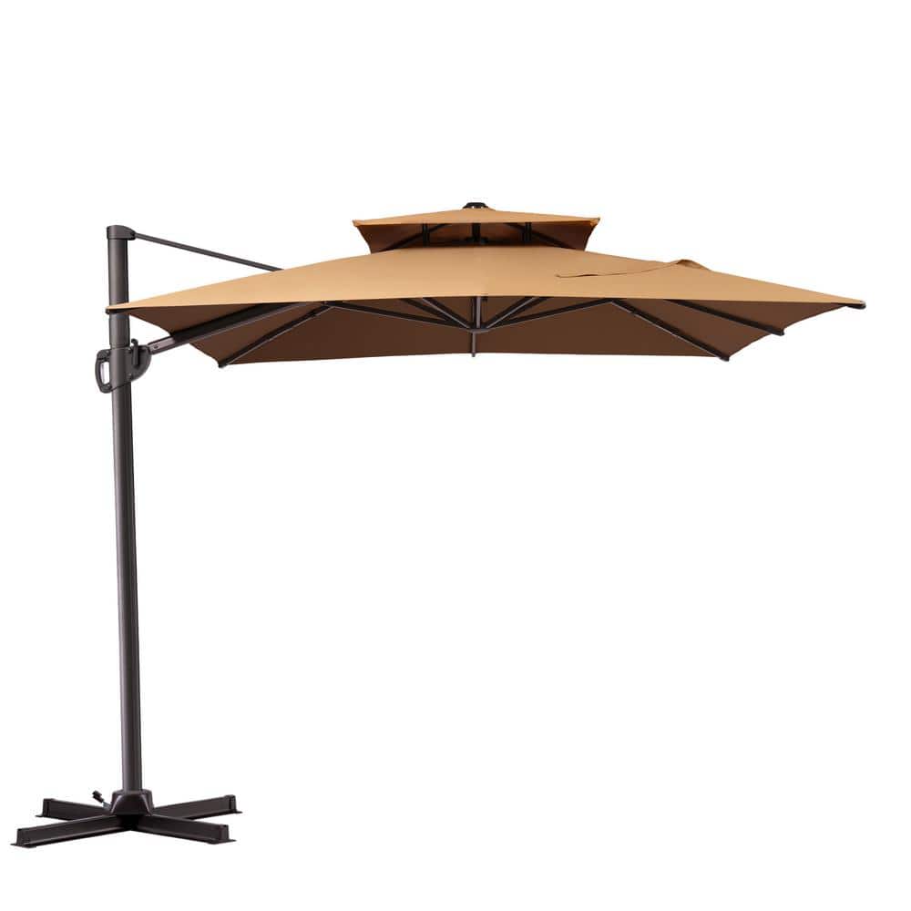 Tan Rectangular Cantilever Patio Umbrella with Metal Pole