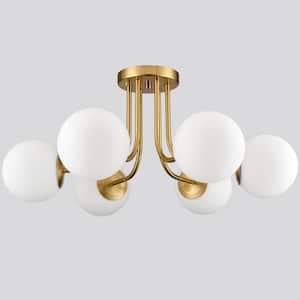 27.56 in. 6-Light Gold Modern Semi-Flush Mount with Frosted Glass Shade and No Bulbs Included 1-Pack