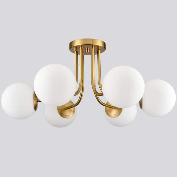CLAXY 27.56 in. 6-Light Gold Modern Semi-Flush Mount with Frosted Glass Shade and No Bulbs Included 1-Pack