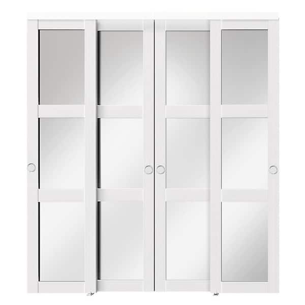 144 in. x 80 in. 3 Lite Mirrored Glass White PVC Covering Solid Core MDF Sliding Door with Embedded Handle and Hardware