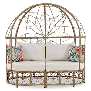 Beige Wicker Outdoor Day Bed with Curtains, Beige Cushions and Colorful Pillows
