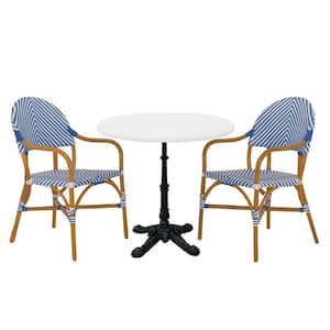 2-Piece Rattan Wood Frame Bistro Chairs with Arms and Bistro Table in White Stonecast Finish