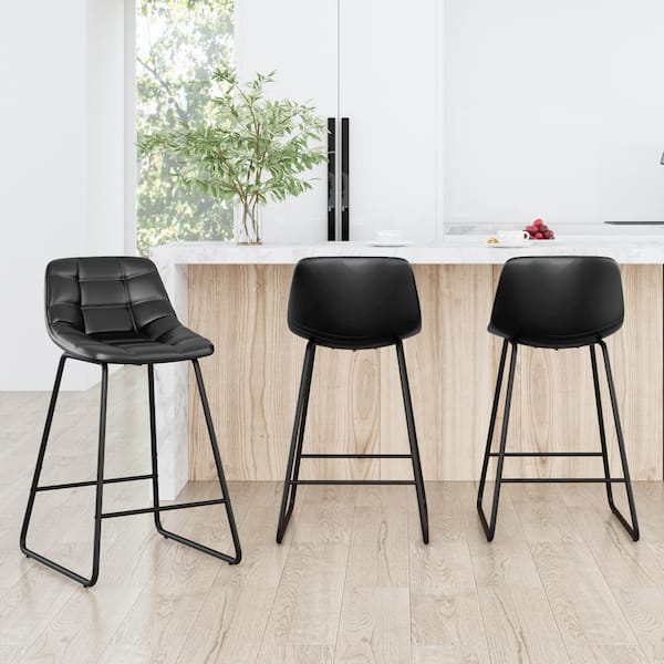 LUE BONA 33.07 in. Black Mid Century Modern Low Back Metal Frame Faux Leather Counter Stools (Set of 3)