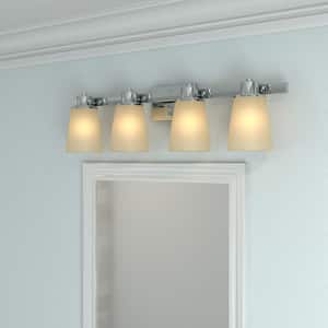 4-Light Chrome Bath Vanity Light with Bell Shaped Etched White Glass