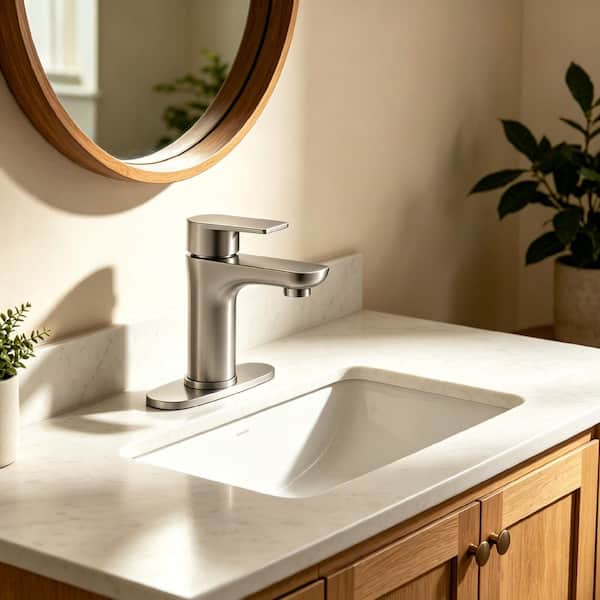 Single Handle Single Hole Standard Bathroom Sink Faucet with Deck Plate in Spot Resistant Brushed Nickel