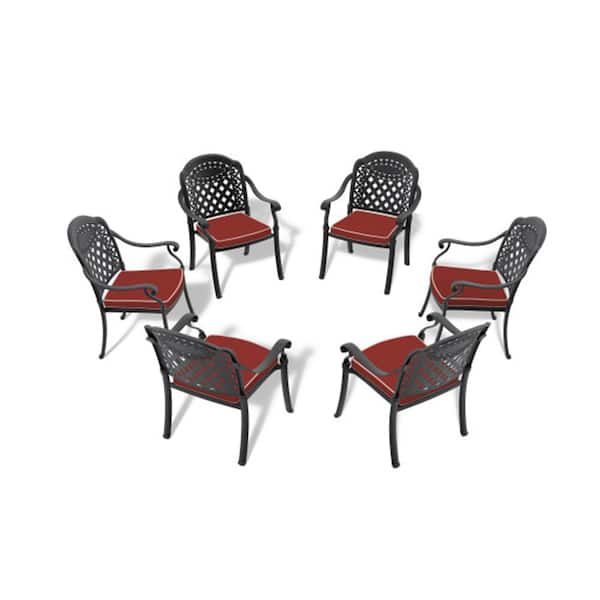 6-Piece Cast Aluminum Black Outdoor Dining Chairs with Random Colors Cushions for Patio Balcony and Backyard