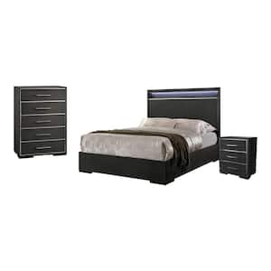 Magda 3-Piece Warm Gray Wood Queen Bedroom Set, Bed with Nightstand and Chest