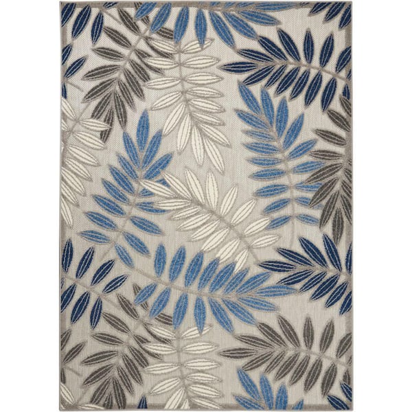 Nourison Aloha Gray/Blue 4 ft. x 6 ft. Floral Contemporary Indoor/Outdoor Patio Area Rug