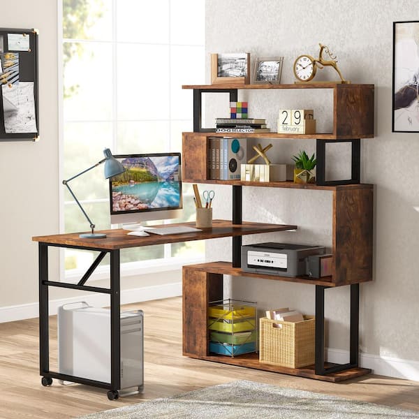 Tribesigns Lantz 47.24 in. L Shaped Rustic Brown Wood and Metal Rotating Computer  Desk with 5 Shelves Bookshelf TJHD-QP-0640 - The Home Depot