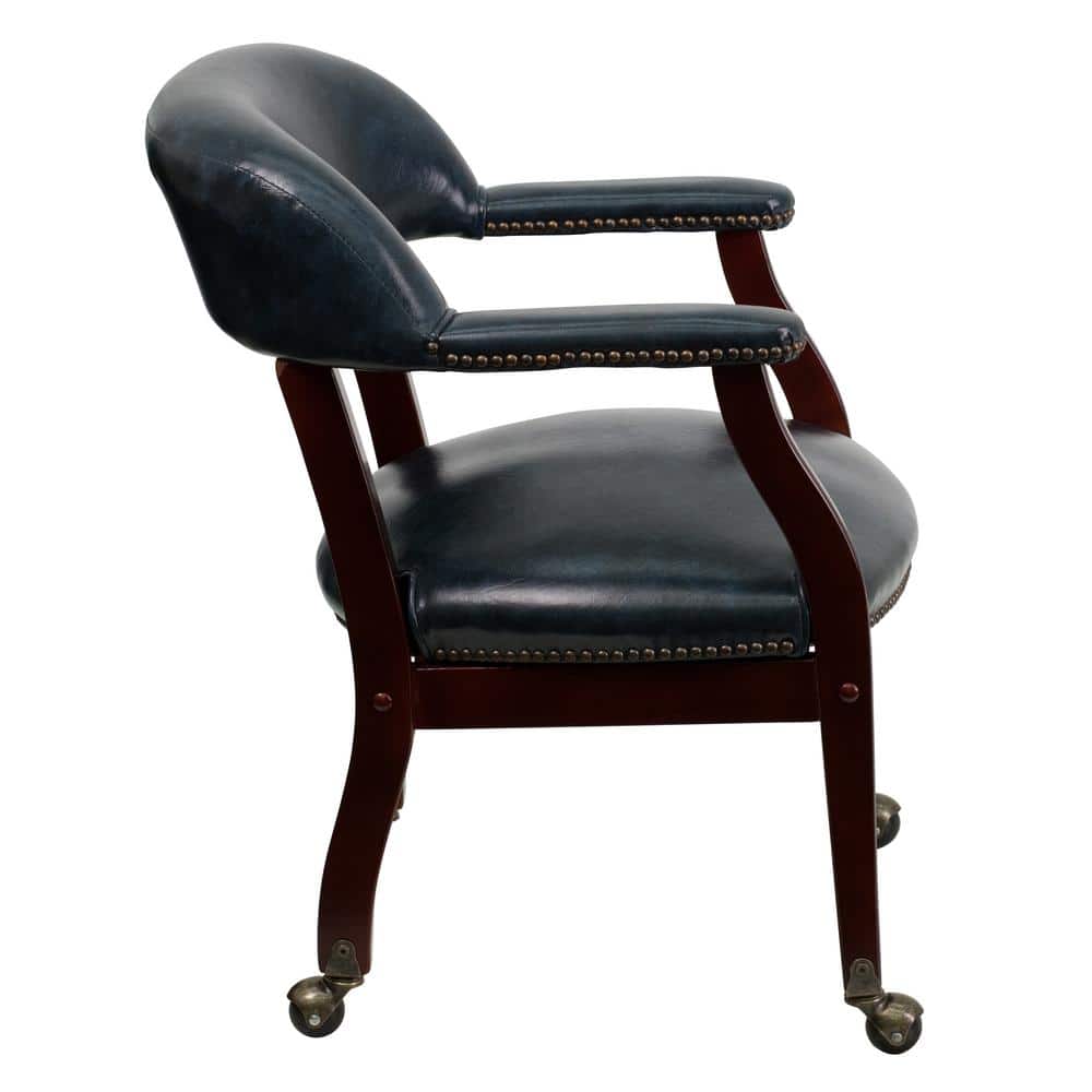 Navy Vinyl Captain's Conference Chair with Brass Casters and Mahogany Frame