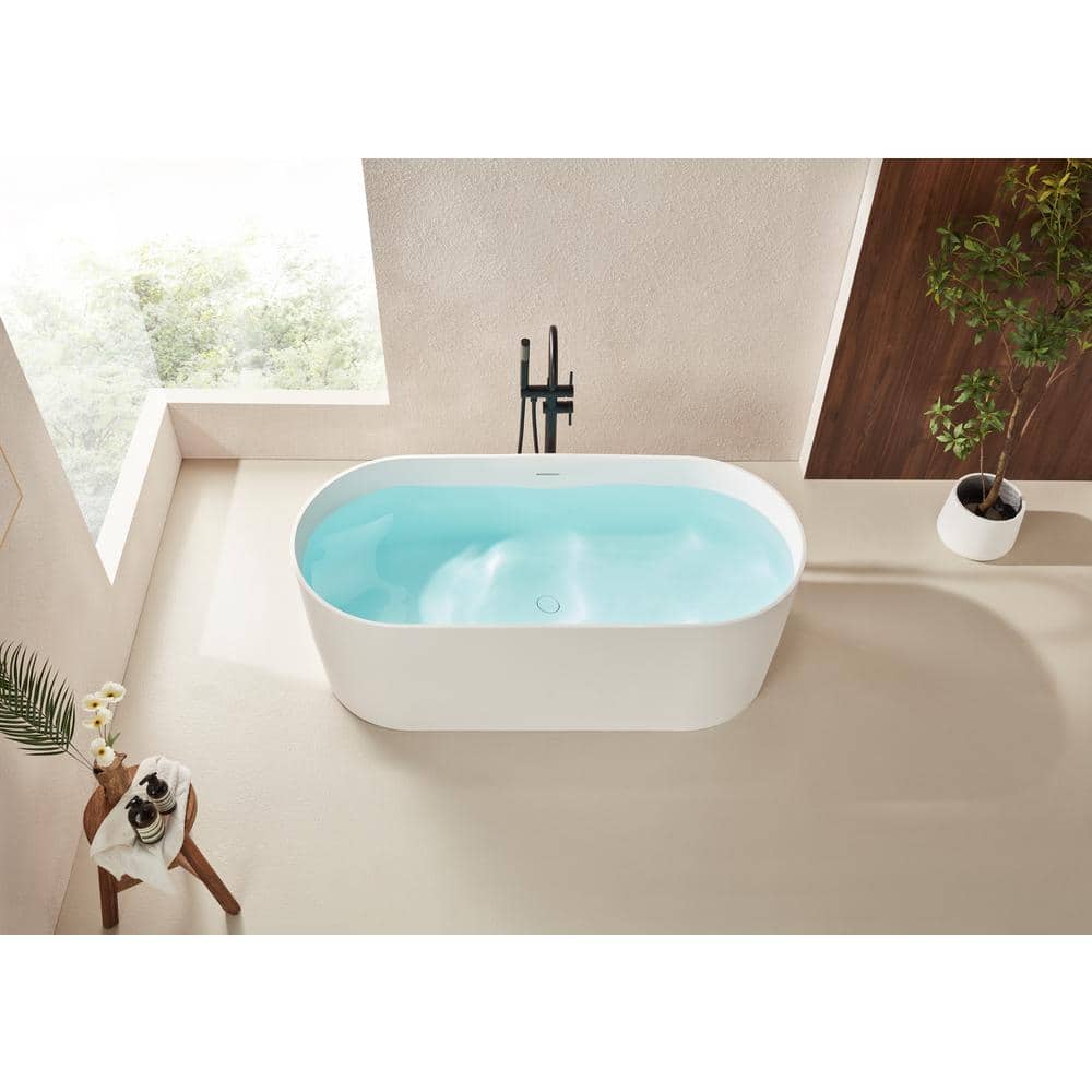 59" Glossy White Stone Resin Freestanding Soaking Bathtub
