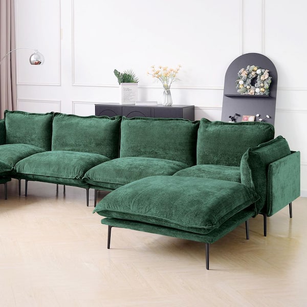 Modern 147 in. Tapered Arm Velvet Deep Seat L-Shaped Cloud Sofa with Ottoman with High Metal Legs in Green