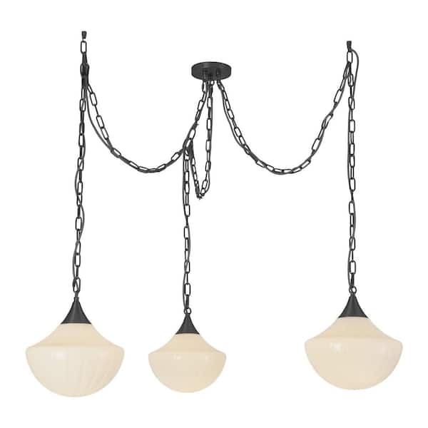 Farrah 3-Light 12-in Glass 60-Watt Matte Black/Glossy Ribbed Opal Glass Chandelier Light