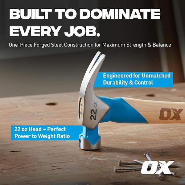 OX TOOLS Pro 22 oz. Milled Face Framing Hammer : Straight Hickory