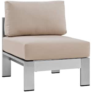 Shore Armless Patio Aluminum Outdoor Lounge Chair in Silver With Beige Cushions