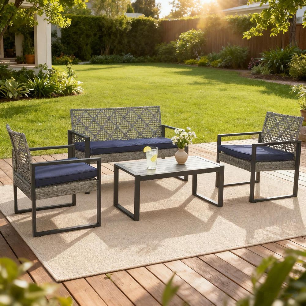 Outdoor Patio Furniture Set of 4 w/ Metal Frame PE Rattan Acacia Wood Table Top Weather-Resistant, Blue & Lightgray price history on PriceWatchPro