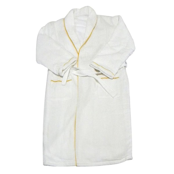 undefined | European Spa and Bath in White Waffle Weave Terry Cloth Robe with Gold Embroidered Trim