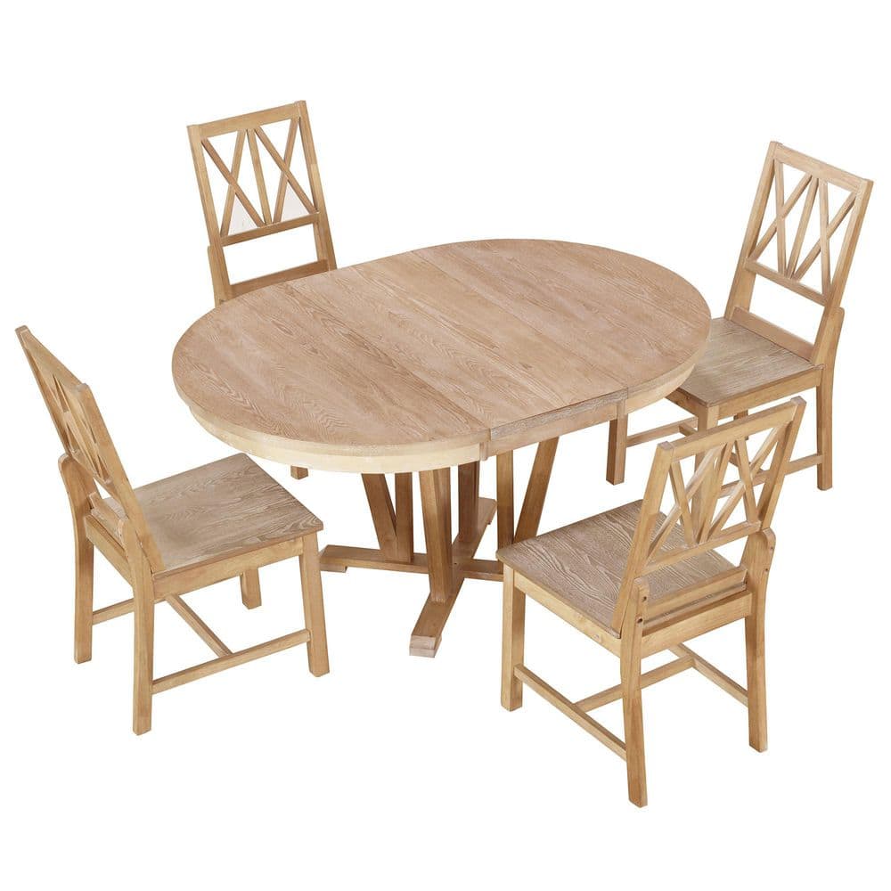5-Piece Round Natural Wood Top Extendable Dining Table Set with 4 Cross Back Chairs