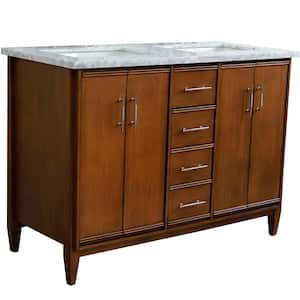 49 in. W x 22 in. D Double Bath Vanity in Walnut with Marble Vanity Top in White Carrara with White Rectangle Basins