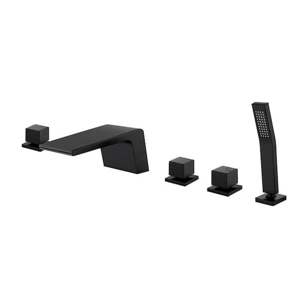 Single-Handle Tub Deck Mount Roman Tub Faucet with Hand Shower and Water Suply Hose in Black