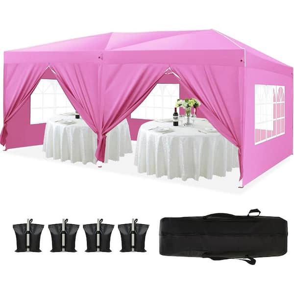 Otryad 10 ft. x 20 ft. Pink Pop Up Canopy, Outdoor Folding Shelter Tent with 6-Removable Sidewall, 4-Weight Bag and Carry Bag