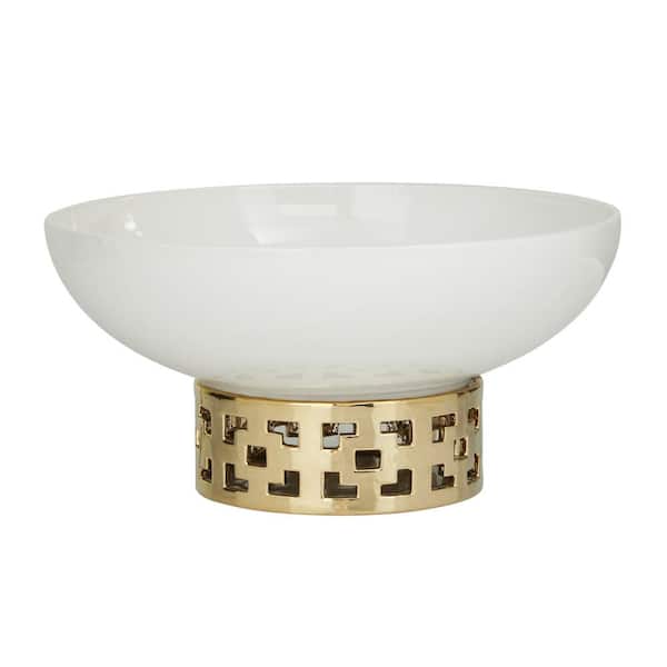 Litton Lane White Ceramic Geometric Decorative Bowl 041513 - The Home Depot