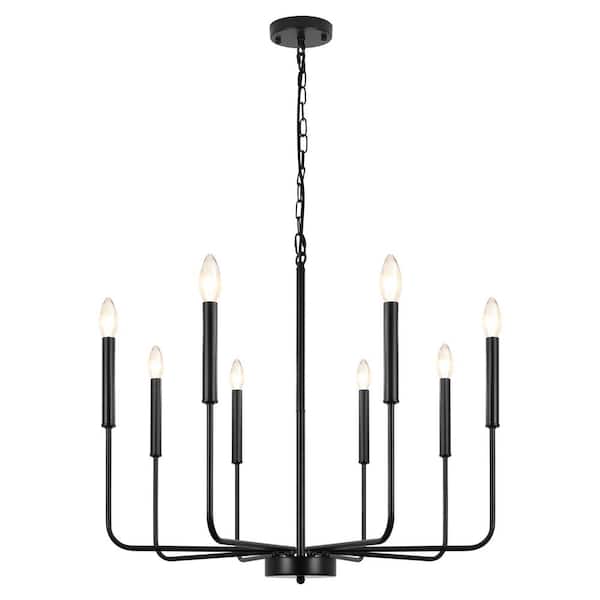 8-Light Matte Black Farmhouse Candle Style Chandelier for Living Room Kitchen Island with No Bulbs Included