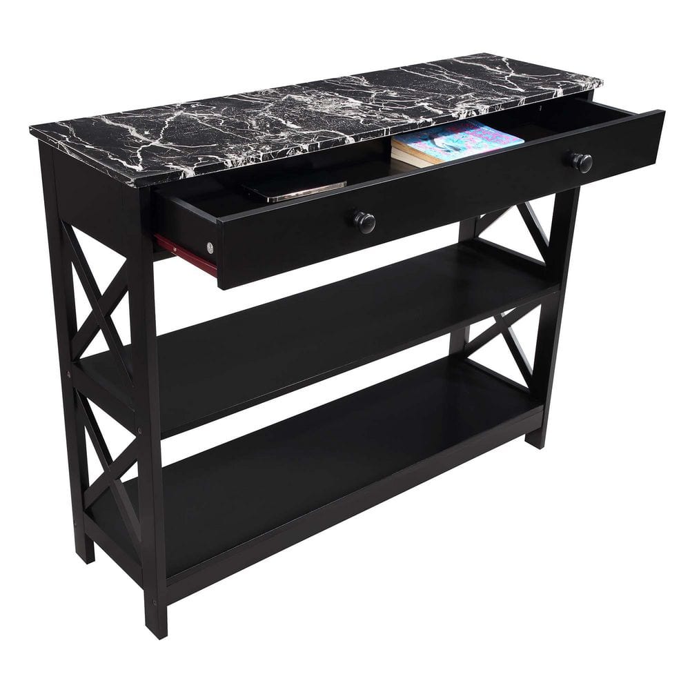 Oxford Black Faux Marble Console Table with X-Pattern Storage
