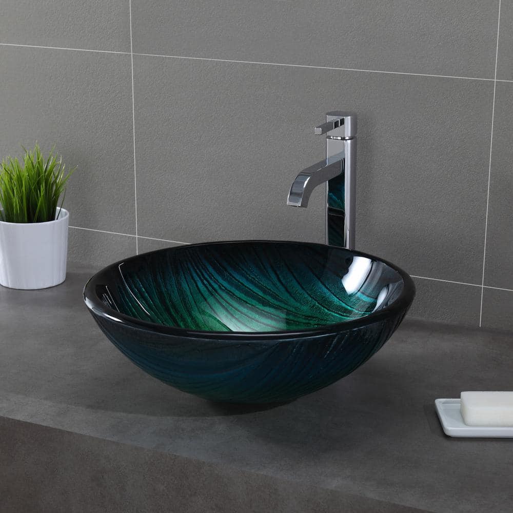 Nei Green Tempered Glass Circular Vessel Sink, 17 inch