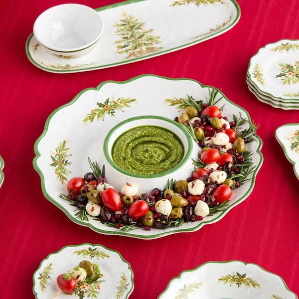 Holly Tree Melamine 2-Piece Assorted Colors 19 in. Platter and 14.5 in. Chip & Dip Melamine Appetizer Set