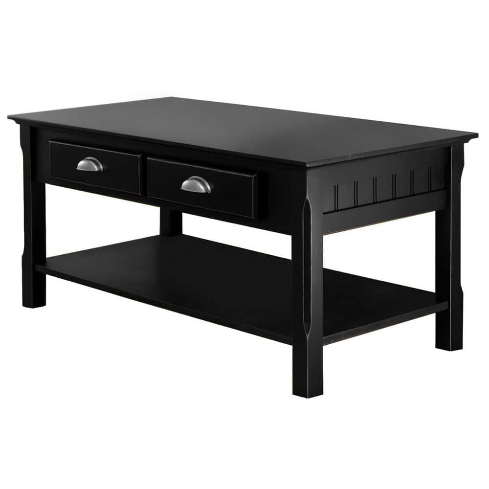 Black Rectangular Wood Coffee Table with Storage Drawers