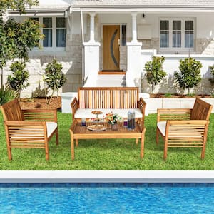 4-Piece Acacia Wood Outdoor Patio Conversation Set with White Cushions