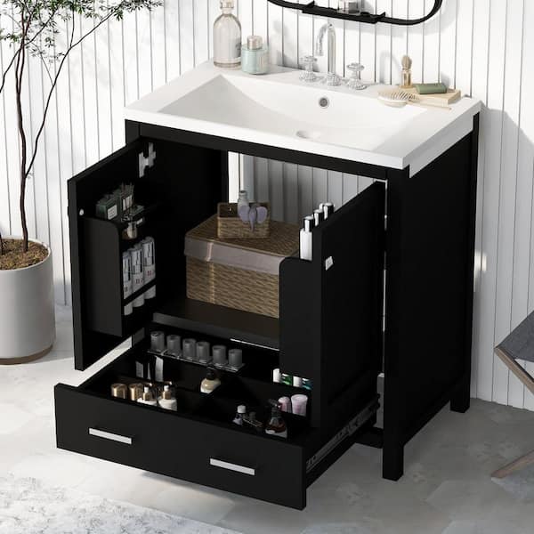 Magic Home 30 in. Black Bathroom Vanity Set Combo Storage Cabinet with Solid Wood Frame and White Sink