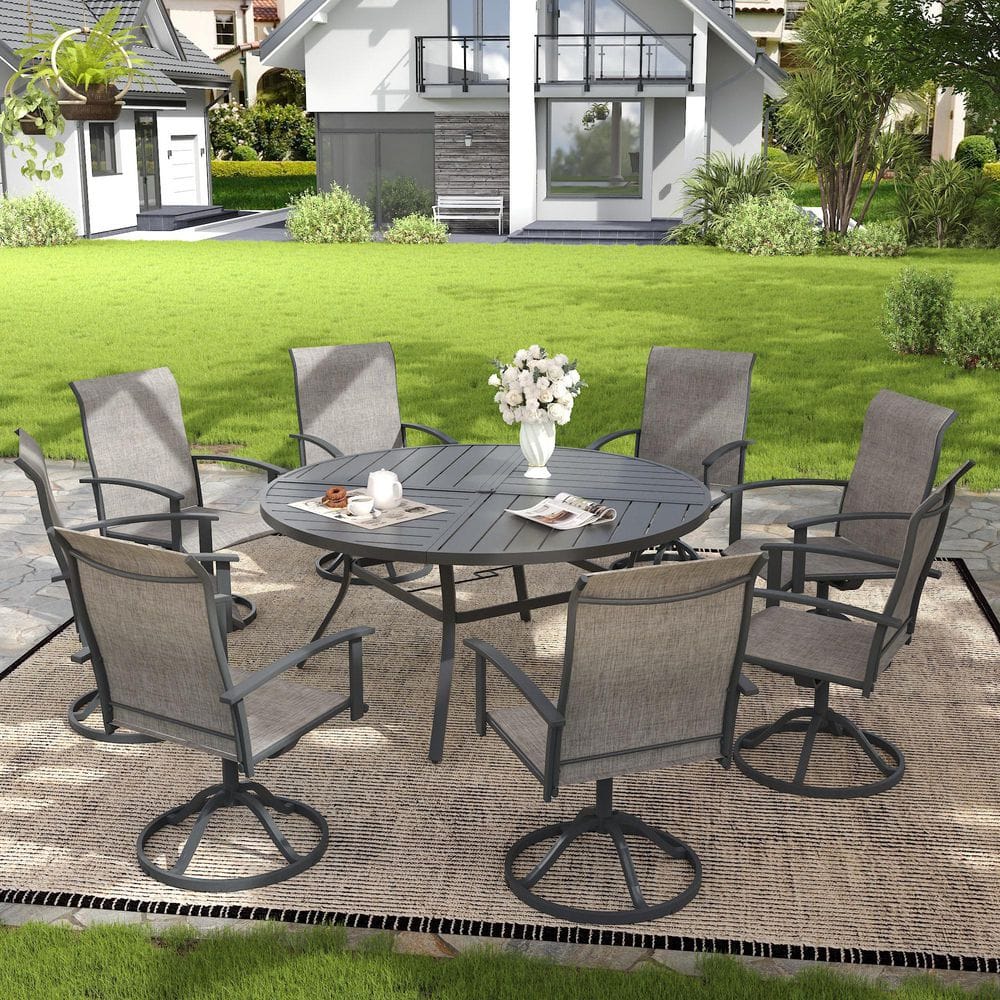 9-Piece Metal Outdoor Dining Set with 59.8 in. Gray Round Dining Table and 8 Gray Textilene Swivel Patio Chairs price history on PriceWatchPro