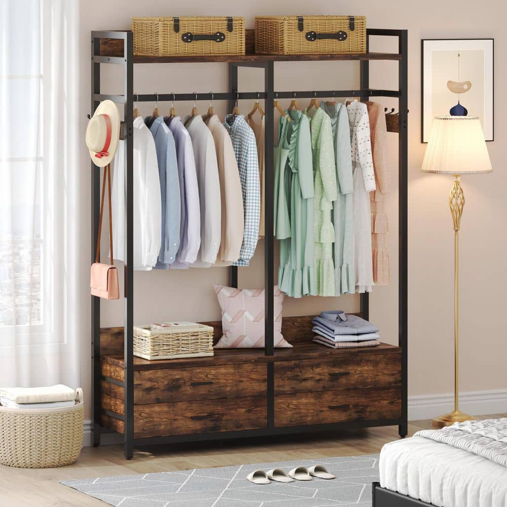 Carmalita Brown Closet Organizer Hanging Rod Garment Shelves 4 Drawers 8 Hooks Rack 70.9 in. H x 15.7 in. W x 47.2 in. D - thumbnail 10