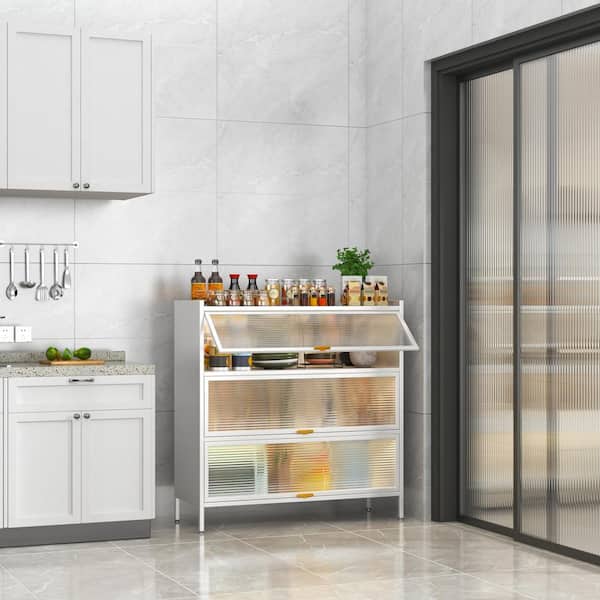 Tileon 3-Tier Metal Microwave Rack in White Kitchen Pantry Storage Cabinet with Transparent Flip Doors and 4-Hooks