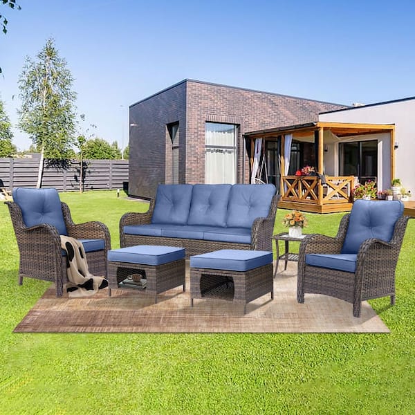Brown 9-Piece Wicker Outdoor Furniture Patio Conversation Set Armrchairs Sofa Ottomans with Cover and Denim Blue Cushion