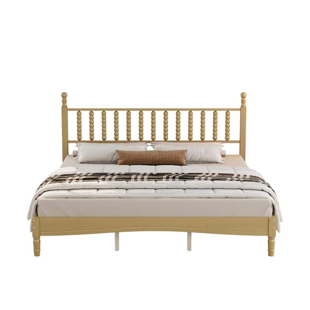 Natural Wood King Size Platform Bed with Gourd Shaped Headboard and Wooden Slat Support durable construction price history on PriceWatchPro